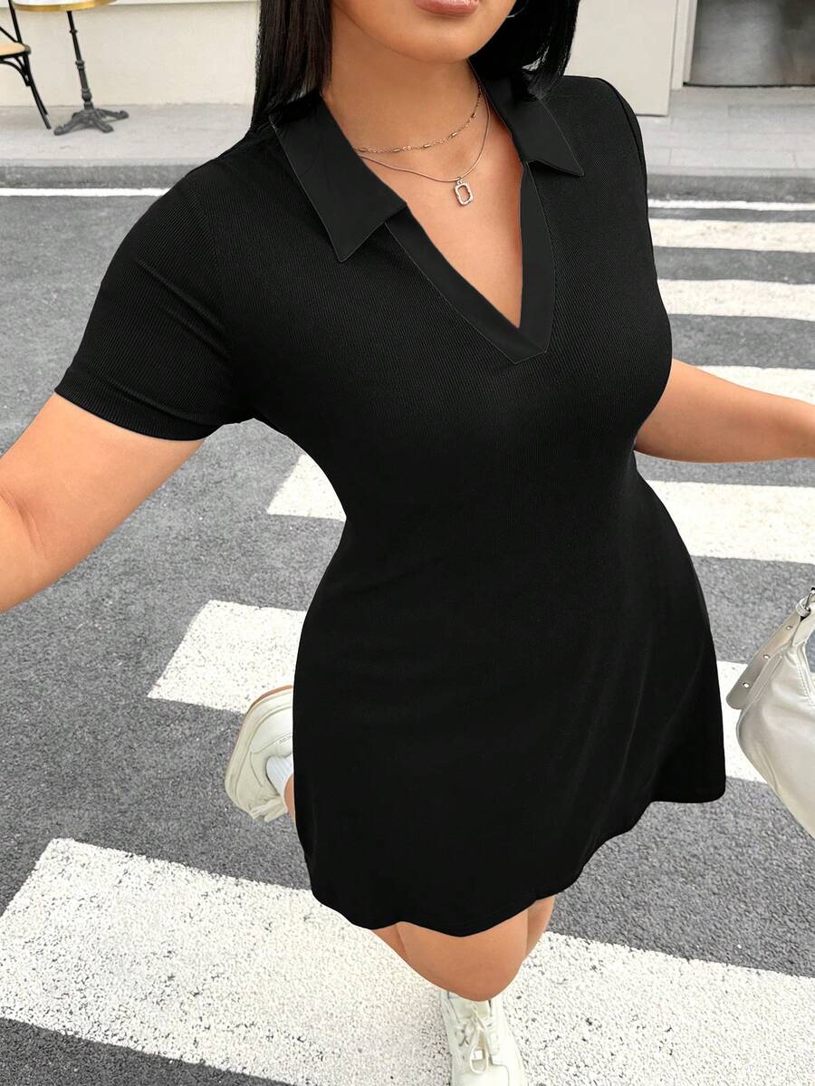 Muchica Đầm hè dáng ôm ngắn tay màu đen, thiết kế tối giản, cỡ lớn, phong cách thường ngày. - màu đen - Xem 1