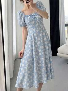 INAWLY Women's Floral Print Square Neck Petal Sleeve Elegant Dress - Baby Blue - View 2