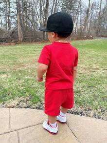 Baby Boy 2pcs/Set Casual Round Neck Short Sleeve Shorts Suit,Red,Summer,Cute,Beach,Pastel Colors For Kids,Bikercore,Family Trip,I Love Mommy & Daddy - Red - View 2