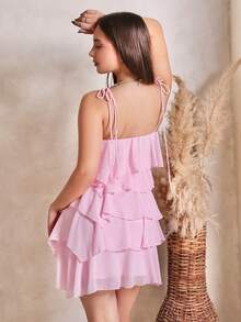 Duda Rubert Summer Seaside Vacation Solid Light Pink Holiday Dress Lotus Leaf Chiffon Cake Dress Suspender Dress Music Festival Clothing Country Music Festival Clothing Concert Clothing Back To School Clothing Wedding Bridesmaid Clothing,Summer Dresses For Women,Valentine's Day,Valentine Outfits For Women Party - Baby Pink - View 5