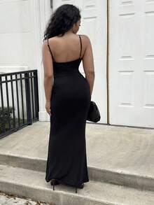 Alexandranx Vestido de tirantes de encaje y parches para mujer, adecuado para fiesta de graduación, vestido de invitada de boda, cita, banquete, fiesta, reunión entre hermanas - Negro - Ver 2