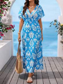 Vivid Eden Vacation, Women's Vacation Outfit, Summer Outfit, Floral Print, Lace Patchwork, V-Neck Blue Long Dress With Dolman Sleeves,Summer Dresses For Women Resort Wear Women Vacation Dress Resort Dress For Women Boho Beach Dress Zanea Dress For Woman Yisikado Dress - Blue - View 3