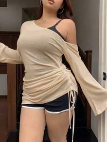 Dazy Plus 纯色透视露肩抽绳度假短款罩衫 - 杏色 - 查看 4