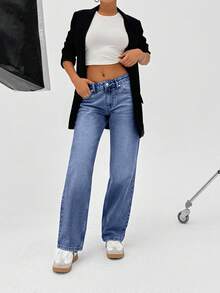 CasuGlow 100% Cotton LOW RISE  STRAIGHT FIT VINTAGE WASH Y2K STYLE JEAN - Navy Blue - View 5