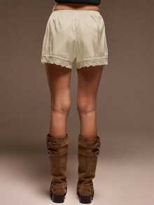 MUSERA 弹力缎面套穿蕾丝边短裤，可爱夏季度假波西米亚风夏季可爱裤装，春假休闲装 - 杏色 - 查看 5