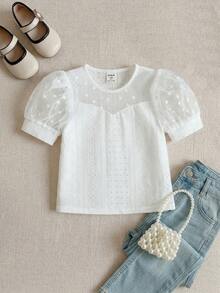 SHEIN 少女荷葉邊刺繡泡泡袖t恤 - 白色 - 查看 7