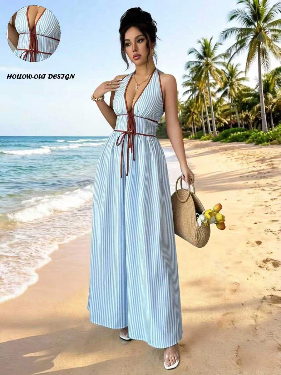 SHEIN Elenzya 女士优雅蓝色条纹吊带连衣裙，休闲度假沙滩裙，适合日常出行、约会、派对等场合，腰部采用撞色系带设计。 - 藍白色 - 查看 1