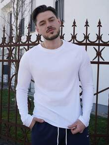 LEOGASHI LEOGASHI Men's Casual Versatile Solid Color Long Sleeve T-Shirt, For Fall - White - View 1