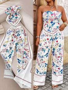 GlowEve CURVE Set casual da vacanza a due pezzi, top tubo e pantaloni, con stampa floreale, taglie comode - Bianco - Visualizzare 7