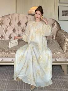 DAZY Women's Floral Pattern Raglan Sleeve Elegant Dress - Beige - View 1