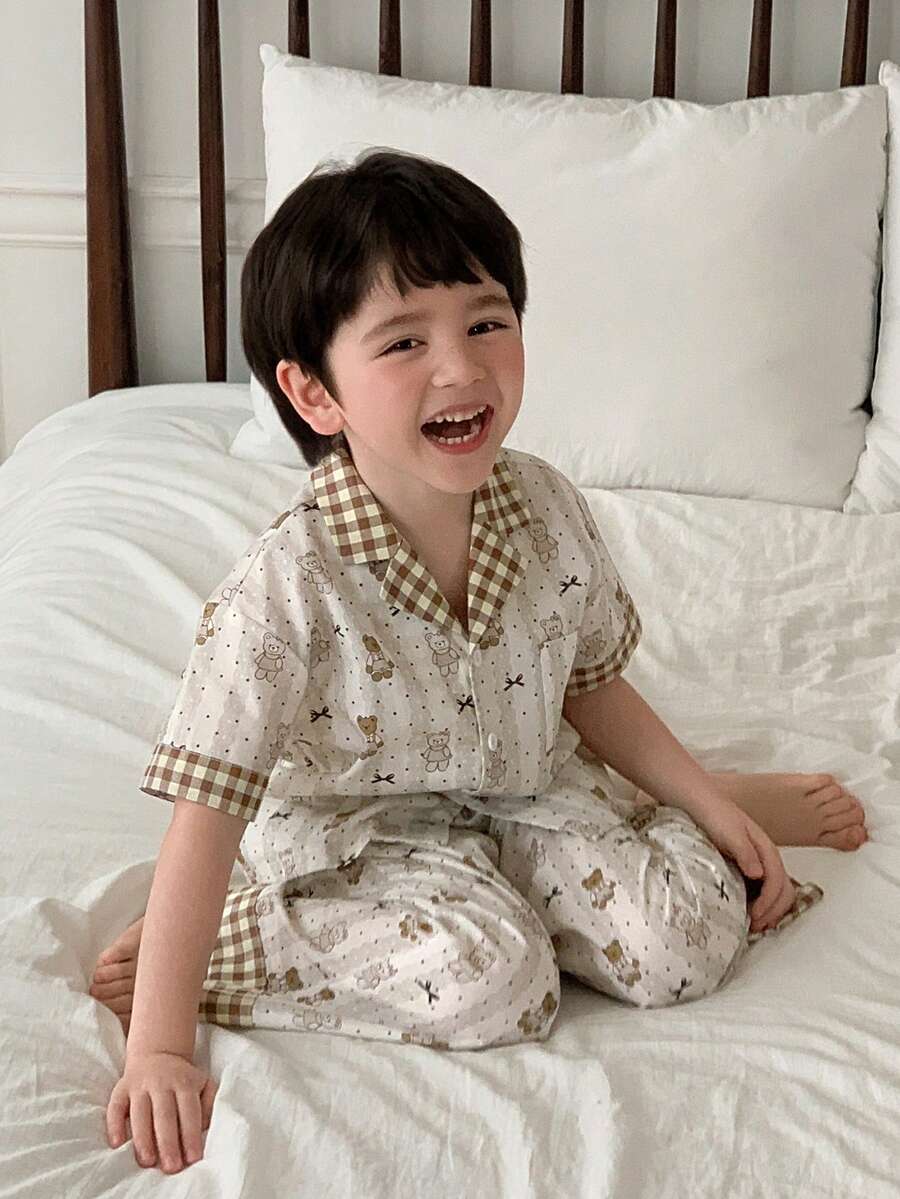 DAZY Young Boy Cartoon Bear Polka Dot Print Short Sleeve Button-Up Top And Pants Pajama Set - Khaki - View 1