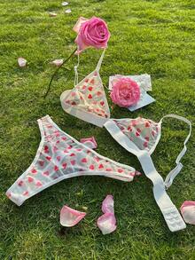 女士性感网状心形印花无钢圈文胸和丁字裤内衣套装 - 紅白色 - 查看 4