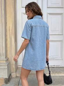 SHEIN EZwear Đầm nữ dáng rộng thoải mái, đầm tay ngắn, đầm mặc ngoài trời, đầm xuân hè, đầm cổ bẻ, đầm thường ngày kiểu Mỹ, đầm đi nghỉ mát. - màu đen - Xem 2