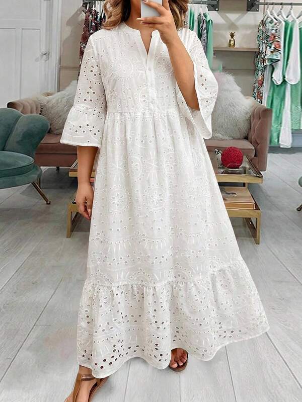 Comfylo Vestido casual con cuello en V, mangas acampanadas y bordado calado para mujer de talla grande