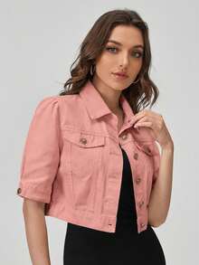 SHEIN EZwear Áo khoác denim nữ tay ngắn, cài một hàng khuy, kiểu dáng thường ngày - Màu Hồng  Dưa hấu - Xem 4