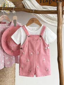 SHEIN Vintaside Kids 女婴T恤套装，牛仔布连体短裤，刺绣花卉装饰，乡村风格，时尚可爱，舒适百搭的春夏两件套，含帽子配饰 - 粉色 - 查看 4