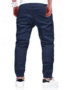 Manfinity Homme Pantalones con bolsillo parche, cintura con cordón y bolsillo en diagonal para hombres - Azul Marino - Ver 2
