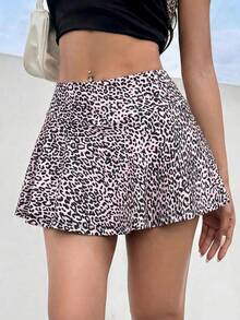 SHEIN EZwear Quần short mùa hè dáng ngắn họa tiết da báo với viền bèo nhún. - Hồng - Xem 5
