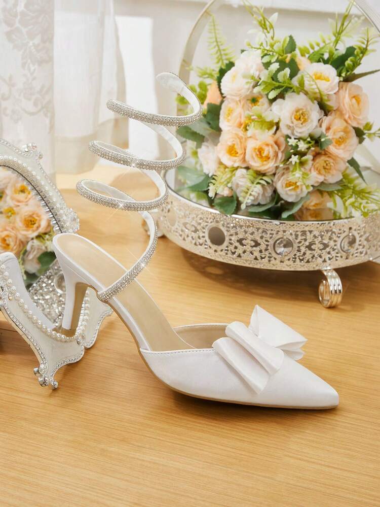 CUCCOO HITCHD White Satin Bow Rhinestone Spiral Lace-Up Pointed Toe High Heel Party Pumps For Women Summer Shoes Wedding Shoes Bride Shoes