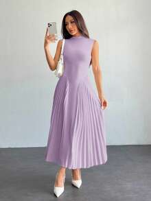 SHEIN PETITE Elegantes plissiertes, figurbetontes A-Linien-Kleid für Damen, Sommerkleider für Damen, Petite Damen - Violett - Übersicht 5