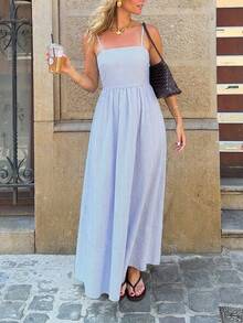 Serisse Đầm dài hai dây kẻ sọc kiểu dáng thường ngày dành cho nữ mùa hè - Xanh và trắng - Xem 4