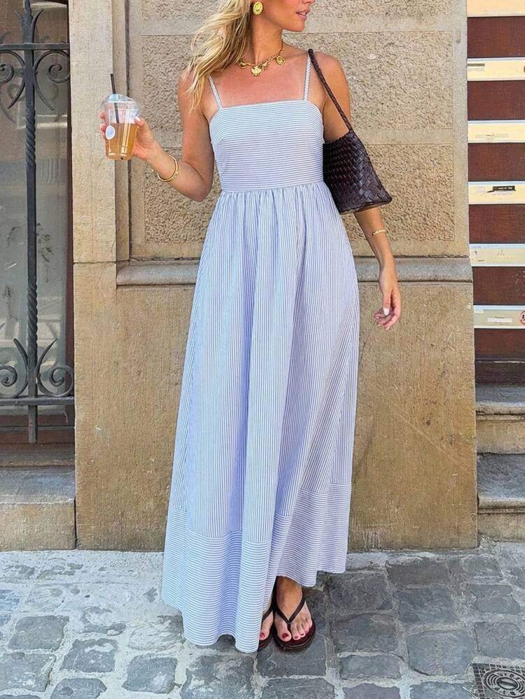 Serisse Women's Spaghetti Strap Striped Casual Long Dress For Summer,Pure Cotton French Blue And White Striped Camisole Dress,Waist-Cinching Patchwork Design, Fresh And Elegant Long Dress New For Summer,Picnic Dress,Vacation Dresses,Summer Dresses For Women,Elegant Dresses For Party,Beach Outfits, Beach Vacation Outfits For Women,Holiday Outfits For Women,Summer Outfit For Women,Summer Clothes, Cute Summer Dress, Vacation Dress Women, Lovely Dress, Summer Dress Women, Trending Dress For Women, Latest Dress For Women New Arrivals - Blue and White - View 4