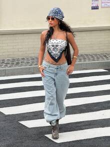 Muchica 女士不对称下摆抹胸上衣，腰果花印花，适合度假穿着 - 彩色 - 查看 3