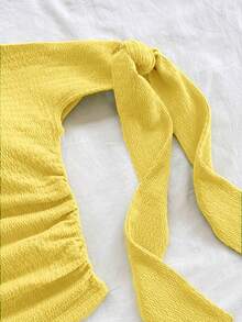 Soleia 春夏新款休闲度假西部海滩婚礼宾客着装毕业早午餐圣帕特里克节春假复活节音乐节优雅波西米亚热带风情针织绿色不对称肩部系带抽绳单肩两件套女装 - 黃色 - 查看 5