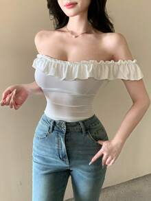 DAZY Áo thun nữ màu trơn trễ vai, xếp ly, ôm dáng, kiểu dáng thường ngày, phong cách Y2K dễ thương. - trắng - Xem 6