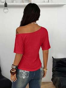 Coolane Camiseta de manga corta con hombros asimétricos y cinturón de la cintura, de unicolor, para mujer - Rojo - Ver 5