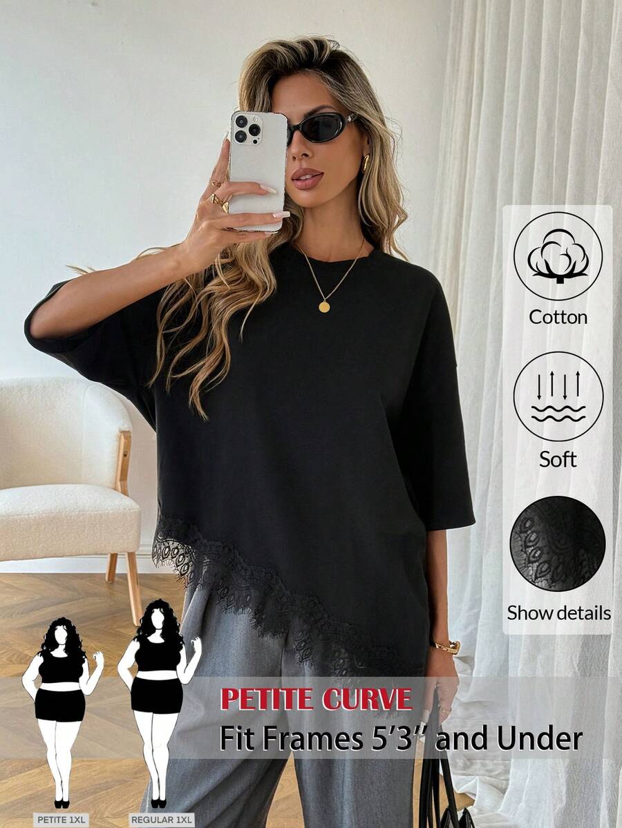SHEIN PETITE CURVE Áo thun tay ngắn cổ tròn, màu trơn, tối giản, cỡ lớn - màu đen - Xem 1