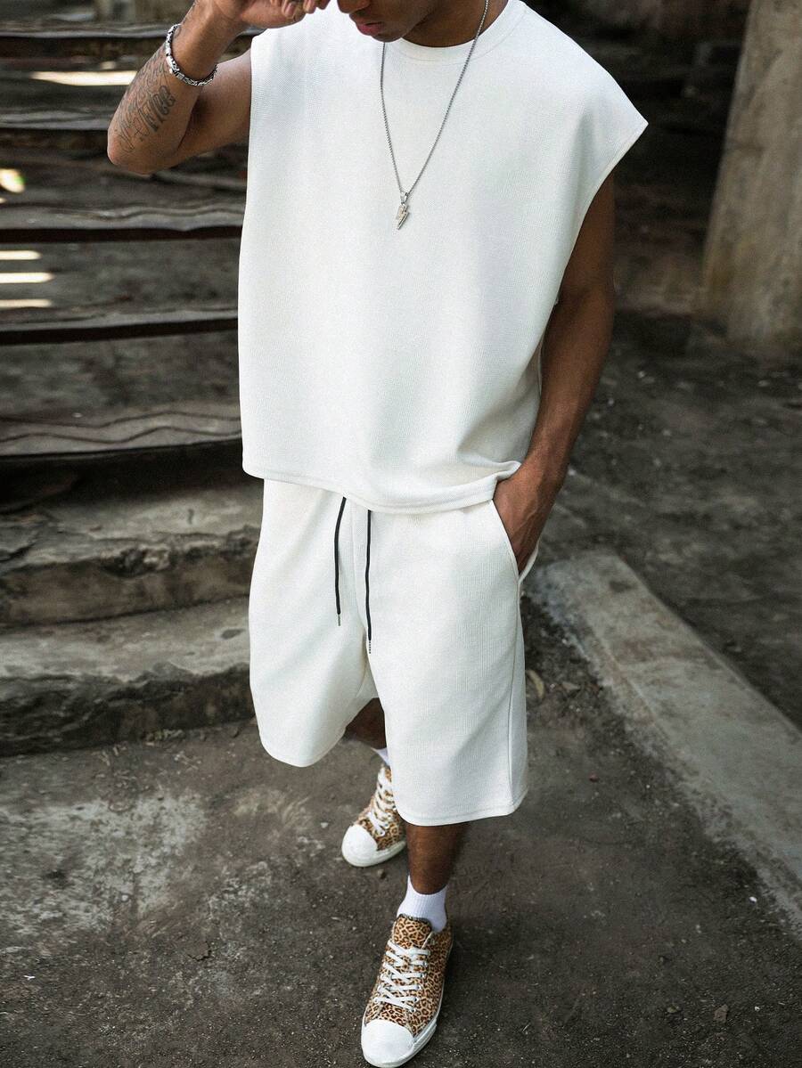 PAVTROS Men's Knit Texture Casual Tank Top Set - Apricot - View 1