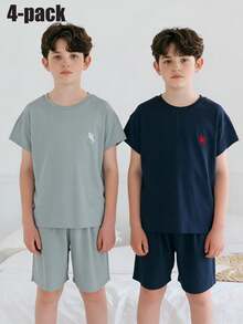 Conjunto de 4 piezas de pantalones cortos y camiseta de manga corta de estilo casual y holgado para niños, en azul marino y azul claro, con bordado de cactus, cómodo y suave, estilo minimalista para usar en verano - Multicolor - Ver 8