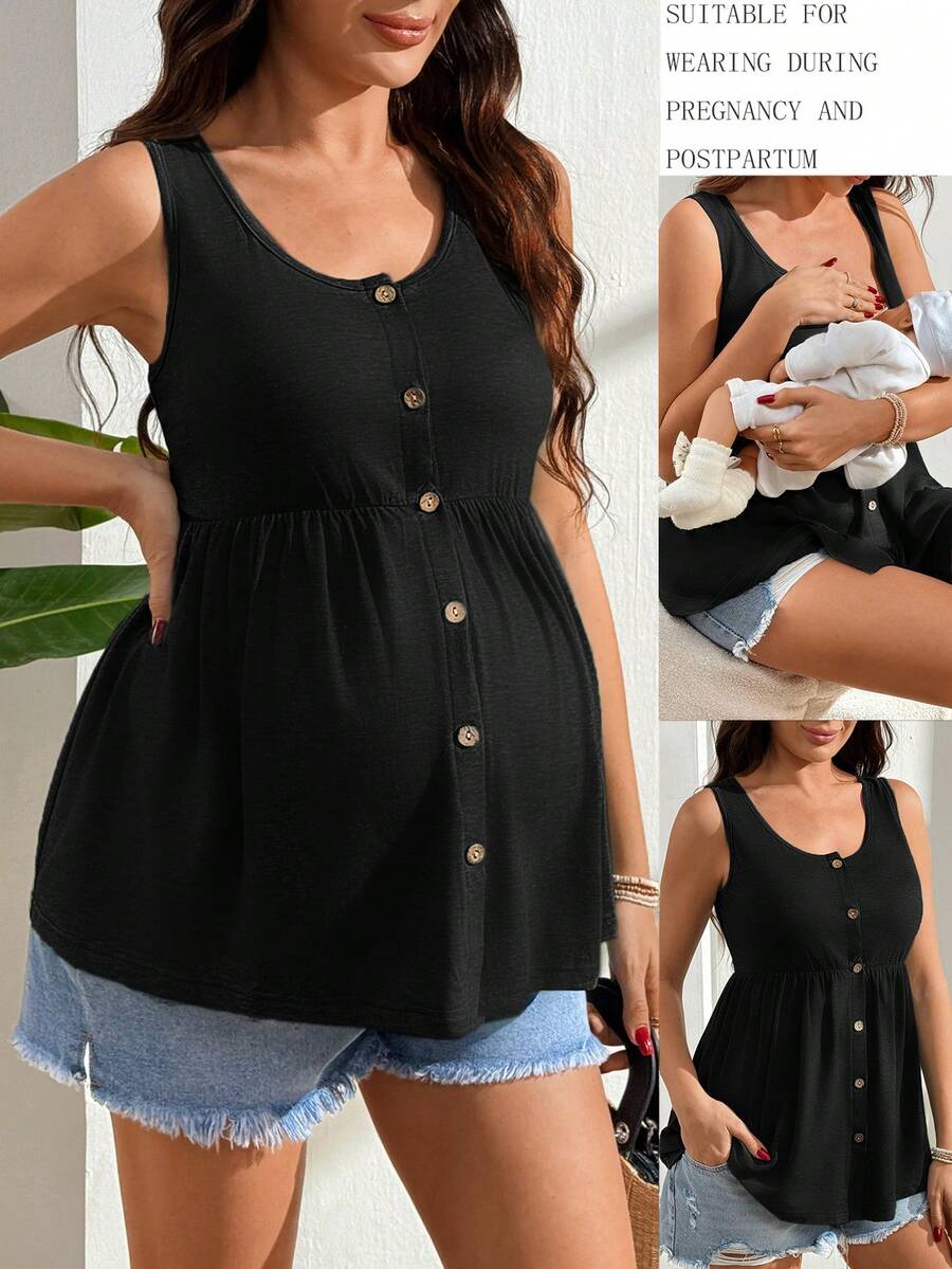 SHEIN 休闲纯色简约哺乳背心 女式马甲 纽扣背心 女式上衣 夏季女式上衣 - 黑色 - 查看 1