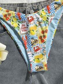 Swim Mod Women's 2026 Spring/Summer New Fruit & Shrimp Plaid Print Double Fabric V-Neck Backless Triangle Bikini Two Pieces Swimwear, Sweet Beach Vacation - Multicolor - View 6