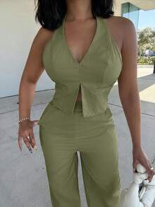 Alexandranx Deep V-Neck Backless Vest And Wide Leg Pants Suit, Office Lady & Casual Wear - Green - View 5