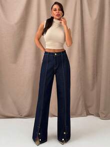 SHEIN High Waist Straight Leg Denim Jeans With Gold Button Hem - Dark Wash - View 4