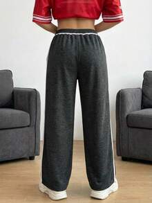 SHEIN 少女宽松休闲简约舒适中腰撞色抽绳装饰运动裤，秋冬季 - 深灰色 - 查看 2