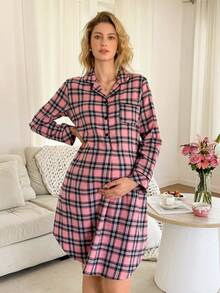 Pregnant Women Plaid Long Sleeve Button Design Nightgown - Multicolor - View 3
