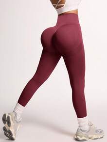 SHEIN Sports 纯色高腰舒适透气休闲日常健身紧身裤 - 酒紅色 - 查看 4