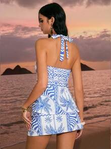 蓝白串珠吊带裙套装，夏季沙滩两件套度假装，女士性感露背吊带背心和迷你裙套装，度假装，夏季，法式两件套，2026新款，蓝白印花吊带迷你连衣裙，夏季镂空沙滩度假连衣裙，性感无袖度假派对装，女士性感沙滩连衣裙泳装两件套，夏季女士度假装，性感度假连衣裙，女士度假泳装罩衫 - 藍色 - 查看 2