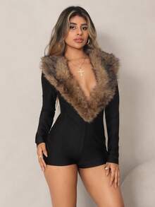 Rayane Ketlyn Mono ajustado de manga larga con cuello en V profundo y aplicación de cuello de piel - Negro - Ver 6