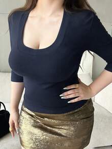Dazy Plus Solid Color Elastic Fitted Bodycon V-Neck Sexy 3/4 Sleeve Cropped T-Shirt, Spring/Summer - Navy Blue - View 1