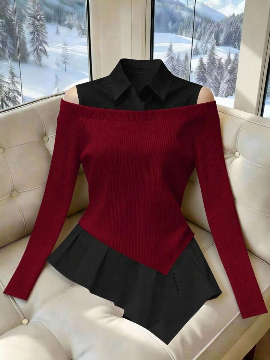 Franclia Atasan Wanita Minimalis Gaya Prancis 2 in 1 Model Bahu Terbuka Lengan Mengembang Klasik Warna Kontras Hitam & Putih - Merah dan hitam - View 1