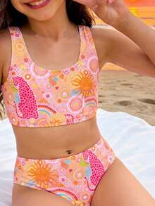 复古波西米亚风套装，粉彩色系少女风，复古艺术豹纹和太阳神印花，Y2K少女休闲简约风背心式泳衣套装，适合夏季穿着 - 彩色 - 查看 3