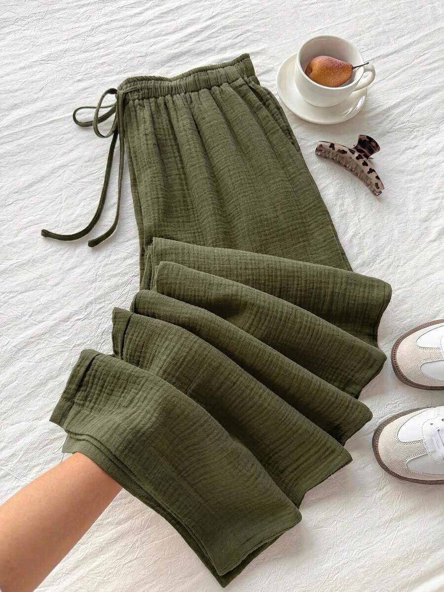 Comfortcana 夏季纯色褶皱纹理面料宽松抽绳腰带休闲度假阔腿裤，大码 - 軍綠色 - 查看 1