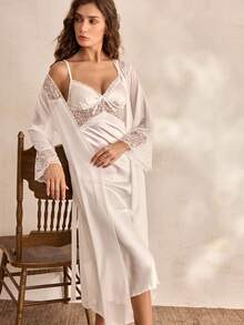 Charlaine Elegant Satin Lace Maxi Robe Nightgown Set For Women - White - View 6