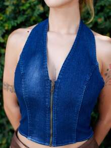 Ananda Vibes Áo khoác denim nữ Lộ Lưng Dây kéo màu trơn Gợi cảm - Rửa tối - Xem 3