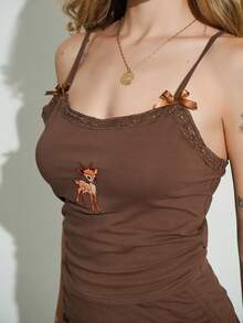 Ananda Vibes Áo ren thêu hình hươu dễ thương kết hợp với quần ống loe họa tiết hươu - màu nâu - Xem 3