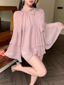 DAZY Áo kiểu nữ mùa hè thanh lịch, tay bồng, cổ buộc dây, chất liệu chiffon, dáng rộng, có bèo nhún, tay loe. - Hồng - Xem 7